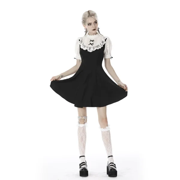 Gothic Lolita Black Contrast Lace Mini Dress – Vintage High Neck Puff Sleeve A-Line Maid Doll Dress