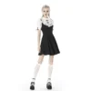 Gothic Lolita Black Contrast Lace Mini Dress – Vintage High Neck Puff Sleeve A-Line Maid Doll Dress