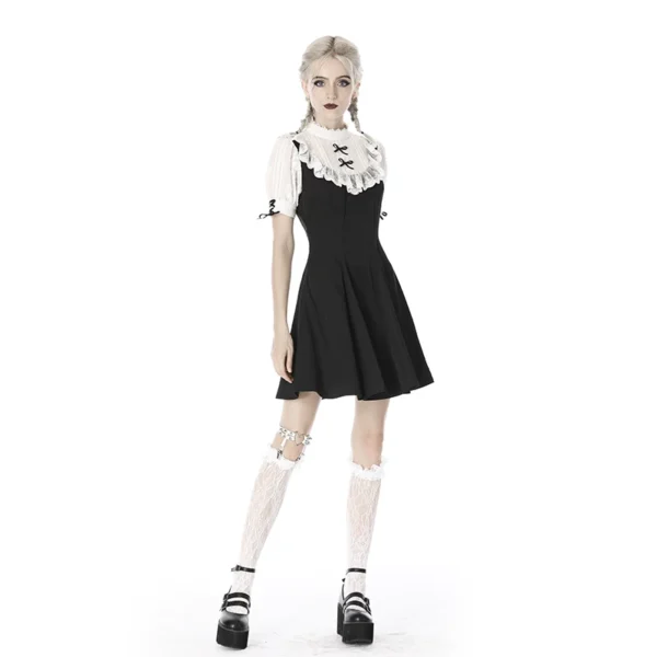 Gothic Lolita Black Contrast Lace Mini Dress – Vintage High Neck Puff Sleeve A-Line Maid Doll Dress