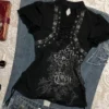 Vintage Floral Printed Grommet Lace-Up Short-Sleeve Top – Chinese Style Keyhole Stand Collar Slim Fit Blouse