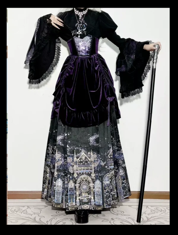 O1CN0166vgNQ1WN0BRYhKB9_!!2210441602775 Gothic Cathedral Stained Glass Hanfu Fusion Pleated Horse-Face Skirt Set – Vintage Dark Velvet Corset Overskirt Outerwear Ensemble