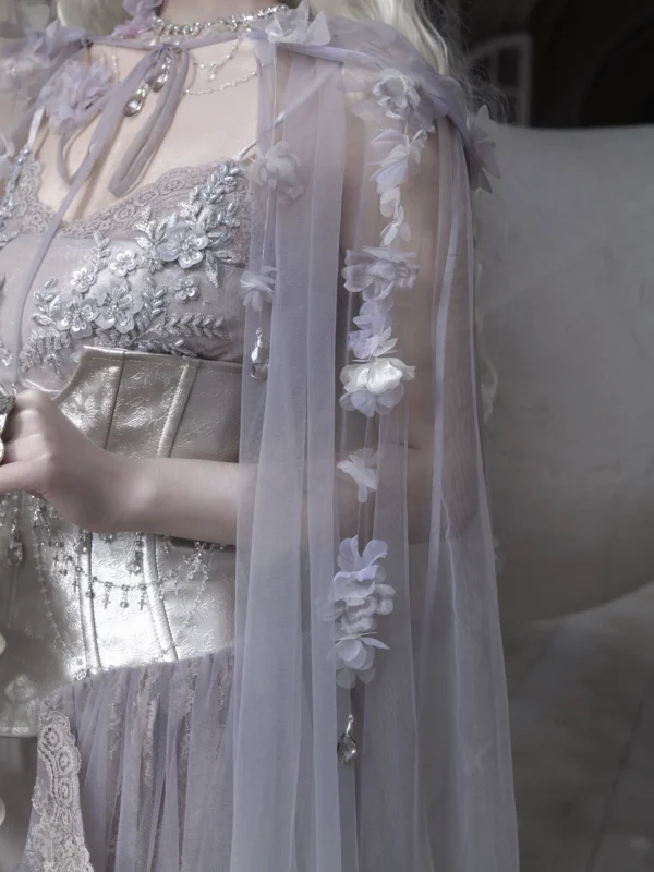 Moonlight Spirit Handmade Floral Hooded Mesh Cape – Ethereal Fairycore Tulle Sheer Cloak