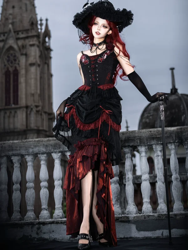 Sweet Vow Original Bone Flower Gothic Lolita 3-Piece Set – Corset Camisole, Bustle Short Skirt & Mermaid Long Skirt