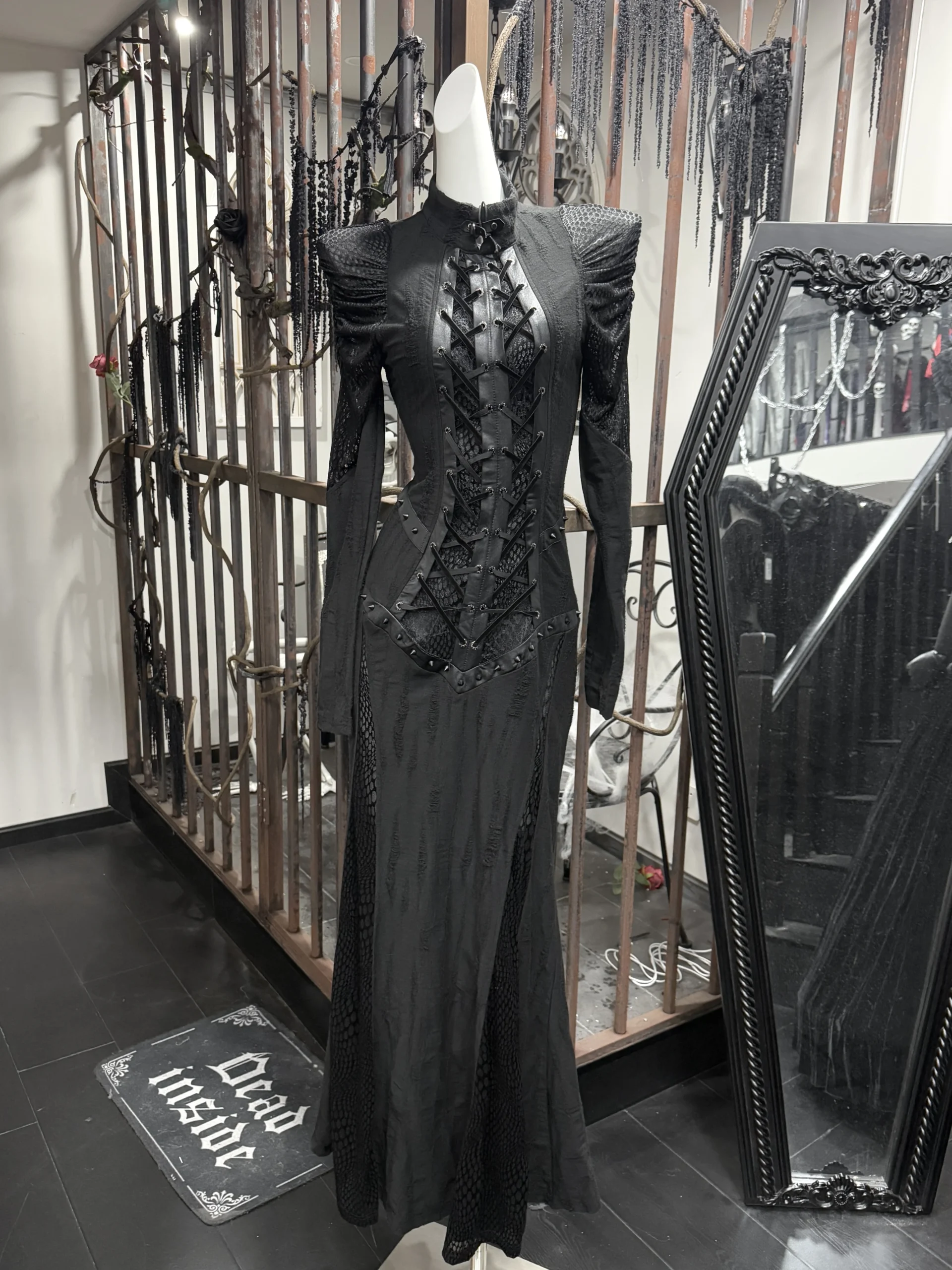 PUNK RAVE Women's Dark Gothic Lace-Up Maxi Dress – Vintage Punk Corset Floor-Length Gown WQ-653