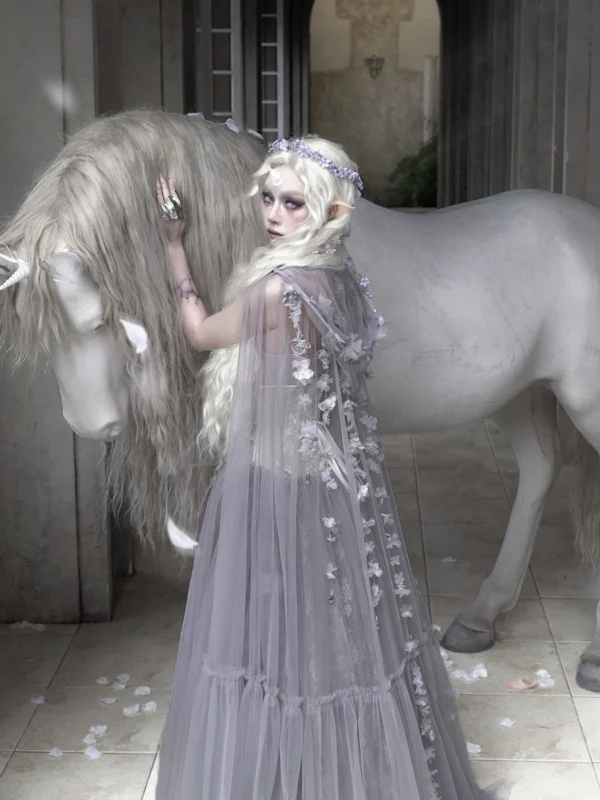 Moonlight Spirit Handmade Floral Hooded Mesh Cape – Ethereal Fairycore Tulle Sheer Cloak