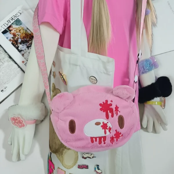 Gloomy Bear Plush Crossbody Bag – Pink Bloody Bear Kawaii Plushie Shoulder Bag for Harajuku Y2K Fashion