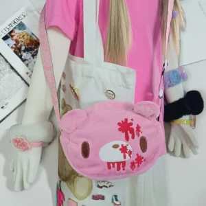 Gloomy Bear Plush Crossbody Bag – Pink Bloody Bear Kawaii Plushie Shoulder Bag for Harajuku Y2K Fashion