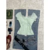 Vintage Floral Lace Bow Short-Sleeve Top – Sweet Coquette Square-Neck Slim Fit Blouse