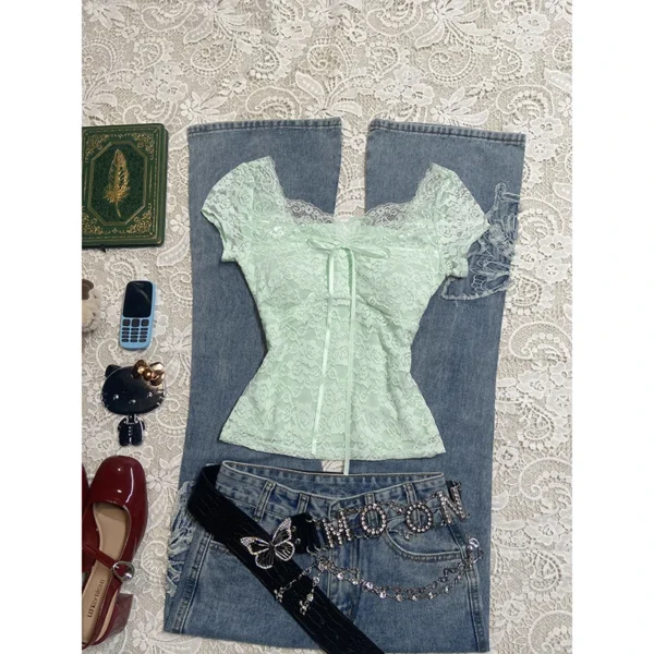 Vintage Floral Lace Bow Short-Sleeve Top – Sweet Coquette Square-Neck Slim Fit Blouse