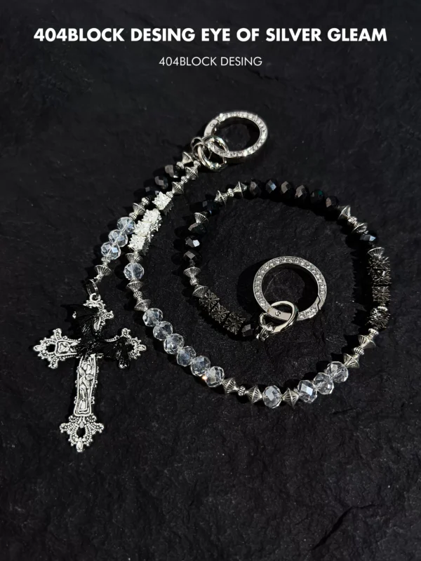 404BLOCK Beaded Cross Pant Chain – Handmade Gothic Y2K Beaded Keychain & Pants Waist Accessories for Streetwear Cleanfit
