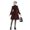 Red Gothic Blood Cross Velvet Dress – Vintage High-Neck Lantern Sleeve Lace Trim Vampire Long Dress for Women (DW448)