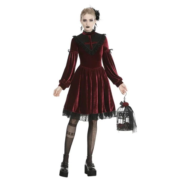 Red Gothic Blood Cross Velvet Dress – Vintage High-Neck Lantern Sleeve Lace Trim Vampire Long Dress for Women (DW448)