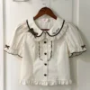 Sweet Mint Choco Peter Pan Collar Cotton Lolita Blouse – Short Sleeve Breathable Spring/Summer Layering Top