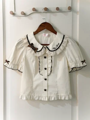 Sweet Mint Choco Peter Pan Collar Cotton Lolita Blouse – Short Sleeve Breathable Spring/Summer Layering Top
