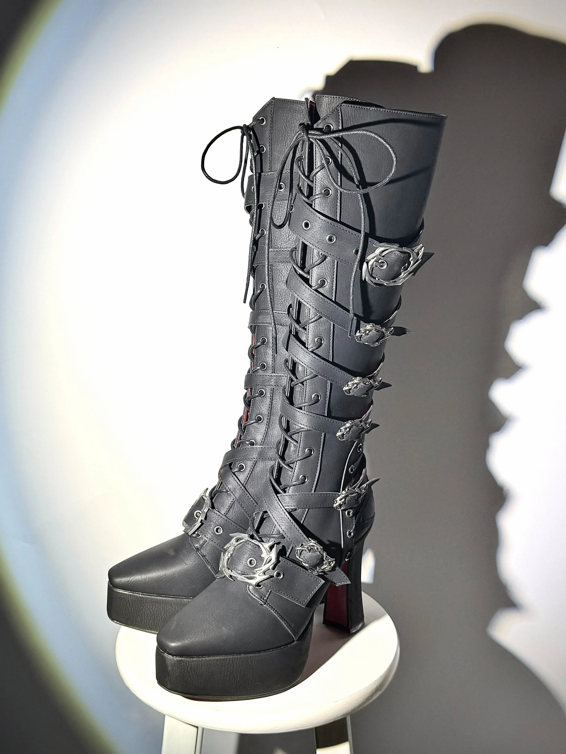 Gothic Square Pointed Toe Chunky High Heel Platform Knight Boots – Dark Punk Buckle Straps Knee-High Boots