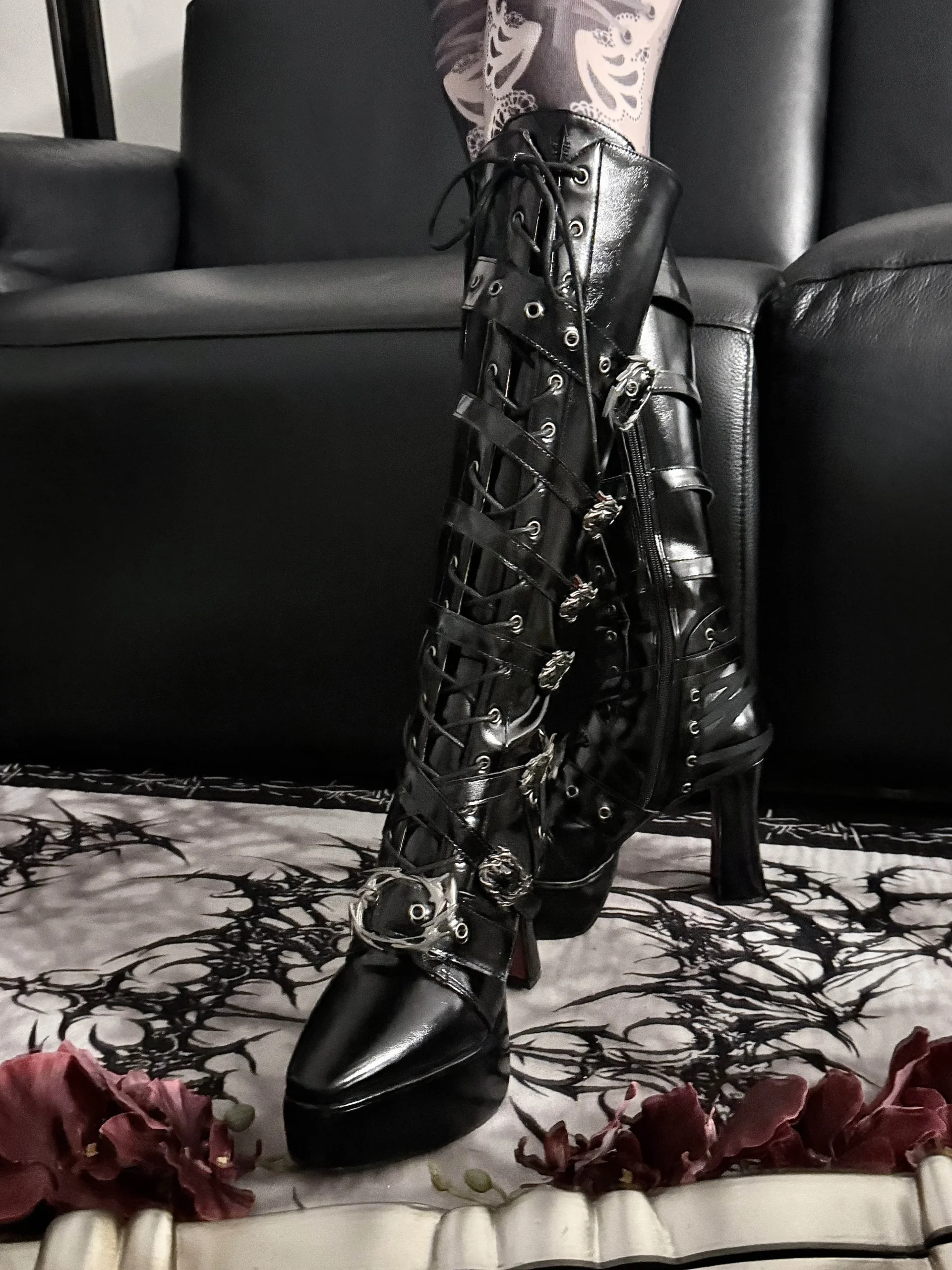 Gothic Square Pointed Toe Chunky High Heel Platform Knight Boots – Dark Punk Buckle Straps Knee-High Boots
