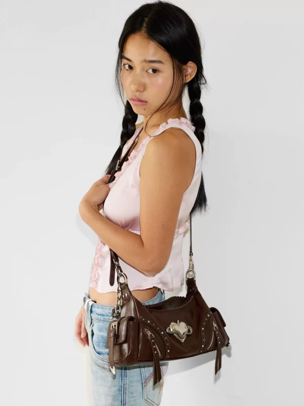 VFVF Vintage Biker Leather Shoulder Bag – Y2K Metallic Heart Studded Baguette Hobo Bag