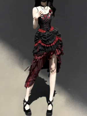 Sweet Vow Original Bone Flower Gothic Lolita 3-Piece Set – Corset Camisole, Bustle Short Skirt & Mermaid Long Skirt