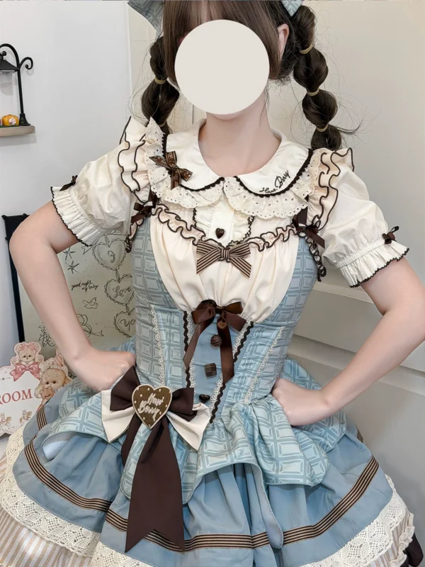 Sweet Mint Choco Peter Pan Collar Cotton Lolita Blouse – Short Sleeve Breathable Spring/Summer Layering Top