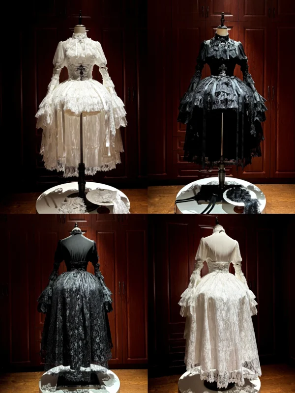 Cross & Thorns Gothic High-Low Lace Lolita Set – Chiffon Blouse, Corset Skirt & Detachable Princess Sleeves