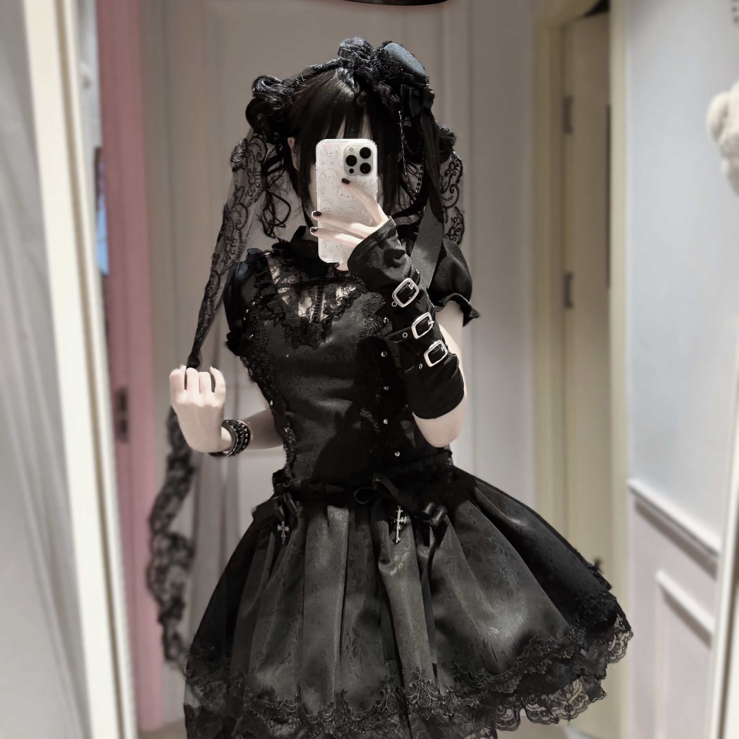 TwilightSong Original Cross Order Gothic Lolita OP Dress – Short Sleeve Drop Waist Black Mini Dress