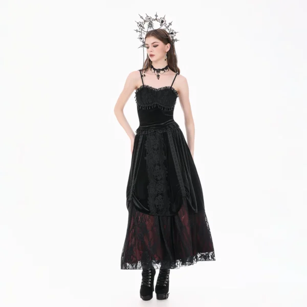 DARK IN LOVE KW457 Gothic Black Velvet Lace Patchwork Maxi Skirt – Vintage Layered Dark Red Lined Ruched Swing Skirt