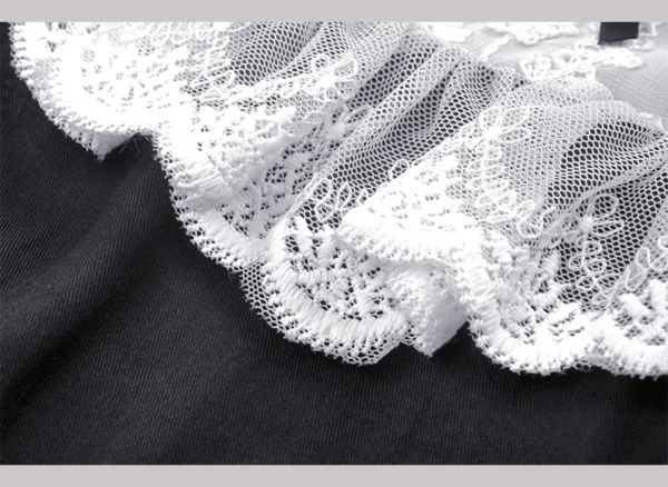 Gothic Lolita Black Contrast Lace Mini Dress – Vintage High Neck Puff Sleeve A-Line Maid Doll Dress