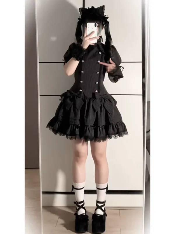 Lolita Double-Breasted Lace Patchwork Short Sleeve Mini Dress – Japanese Gothic Pinstripe High Waist Slim A-Line Summer Dress