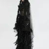PUNK RAVE Gothic Feather & Floral Mesh Veil (WS-731FSF) – Black Sheer Cathedral Veil Accessory for Halloween & Cosplay