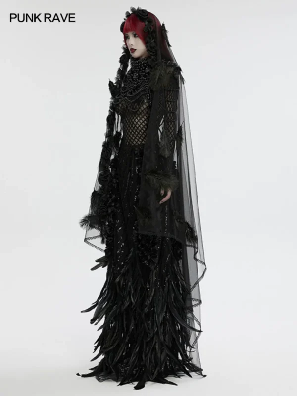 PUNK RAVE Gothic Feather & Floral Mesh Veil (WS-731FSF) – Black Sheer Cathedral Veil Accessory for Halloween & Cosplay