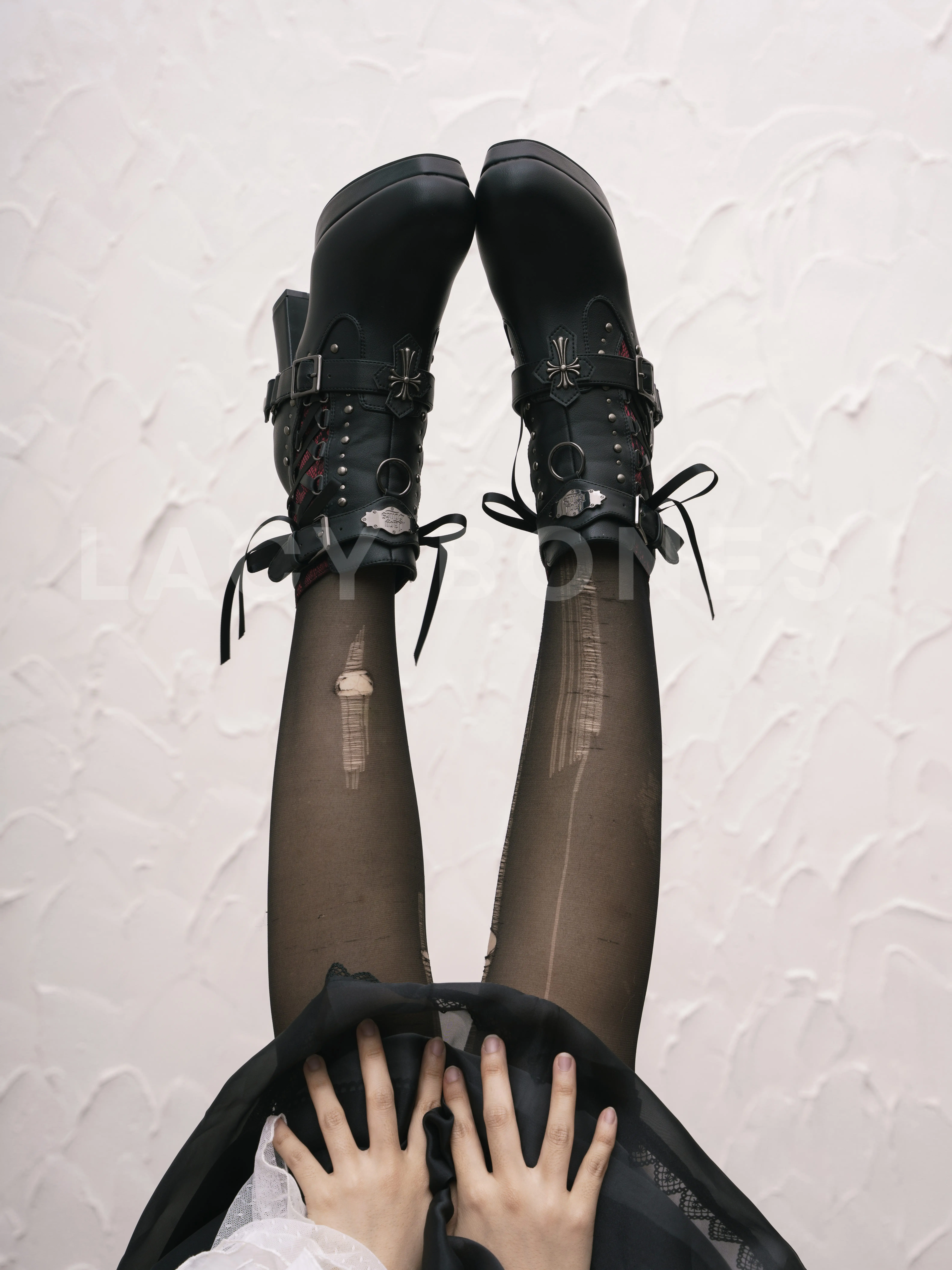 Lacy Bones Gothic Cross Ankle Boots – Dark Subculture Crimson Mesh Platform High Heel Ankle Boots