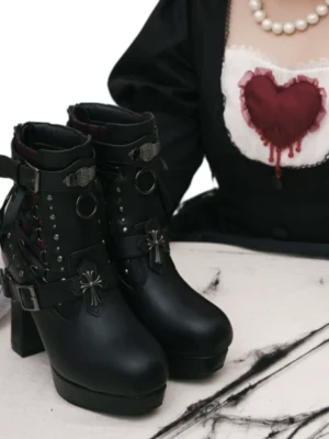 Lacy Bones Gothic Cross Ankle Boots – Dark Subculture Crimson Mesh Platform High Heel Ankle Boots