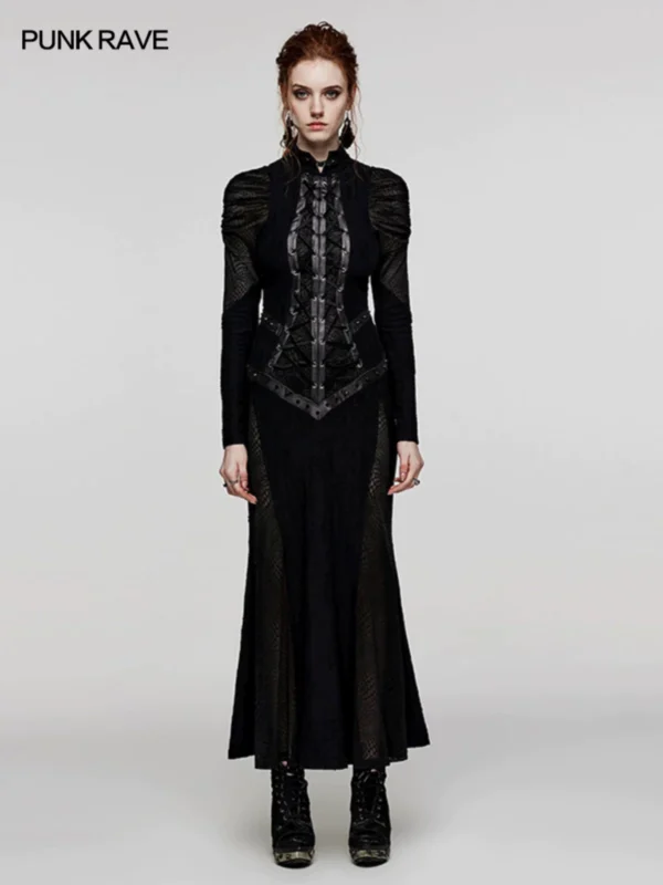 PUNK RAVE Women's Dark Gothic Lace-Up Maxi Dress – Vintage Punk Corset Floor-Length Gown WQ-653