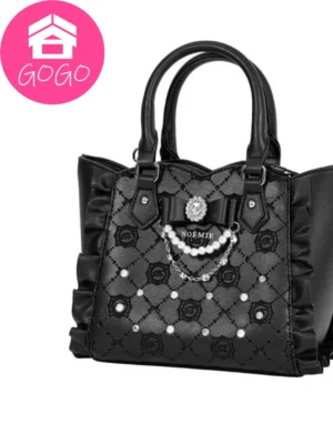 NOEMIE Kawaii Bow Rhinestone Tote Bag – Japanese Lolita Quilted Ruffle 2-Way Crossbody Handbag
