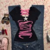 Y2K Cyber Graffiti Print Fitted T-Shirt – Pink Criss-Cross Strappy Neck Short Sleeve Slim Fit Crop Top