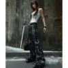 ROGIC Barb Print Tie-Dye Distressed Flare Jeans – Unisex Cyberpunk Gothic Washed Wide-Leg Denim Pants