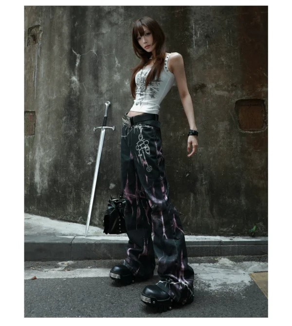 ROGIC Barb Print Tie-Dye Distressed Flare Jeans – Unisex Cyberpunk Gothic Washed Wide-Leg Denim Pants