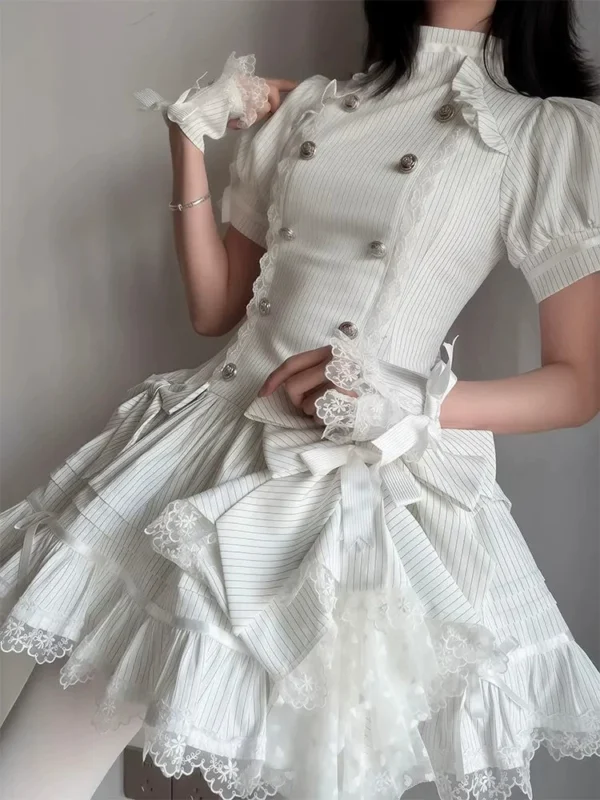 Lolita Double-Breasted Lace Patchwork Short Sleeve Mini Dress – Japanese Gothic Pinstripe High Waist Slim A-Line Summer Dress
