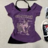 Vintage Purple Guitar Cat Graphic 2-in-1 Top – Y2K Alternative Layered Halter Neck Short-Sleeve T-Shirt