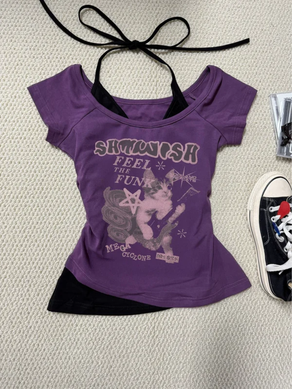 Vintage Purple Guitar Cat Graphic 2-in-1 Top – Y2K Alternative Layered Halter Neck Short-Sleeve T-Shirt