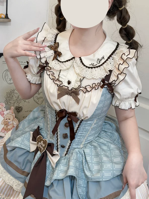 Sweet Mint Choco Peter Pan Collar Cotton Lolita Blouse – Short Sleeve Breathable Spring/Summer Layering Top