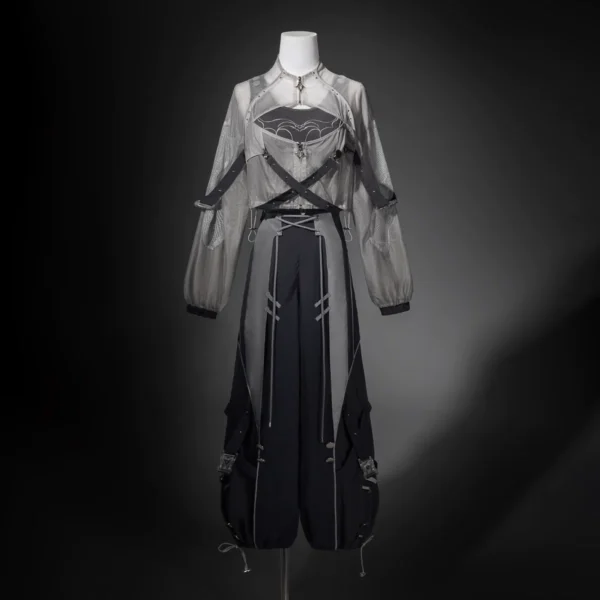 Infinite War Zone Cyberpunk Techwear Lolita 3-Piece Set – Crop Tank Top, Sheer Mesh Outer Jacket & Tactical Cargo Pants