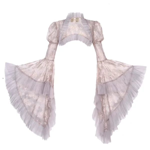Moonlight Spirit Floral Lace Hime Bell Sleeve Shrug Top – Ethereal Fairycore Sheer Bolero Outerwear
