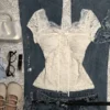 Vintage Floral Lace Bow Short-Sleeve Top – Sweet Coquette Square-Neck Slim Fit Blouse