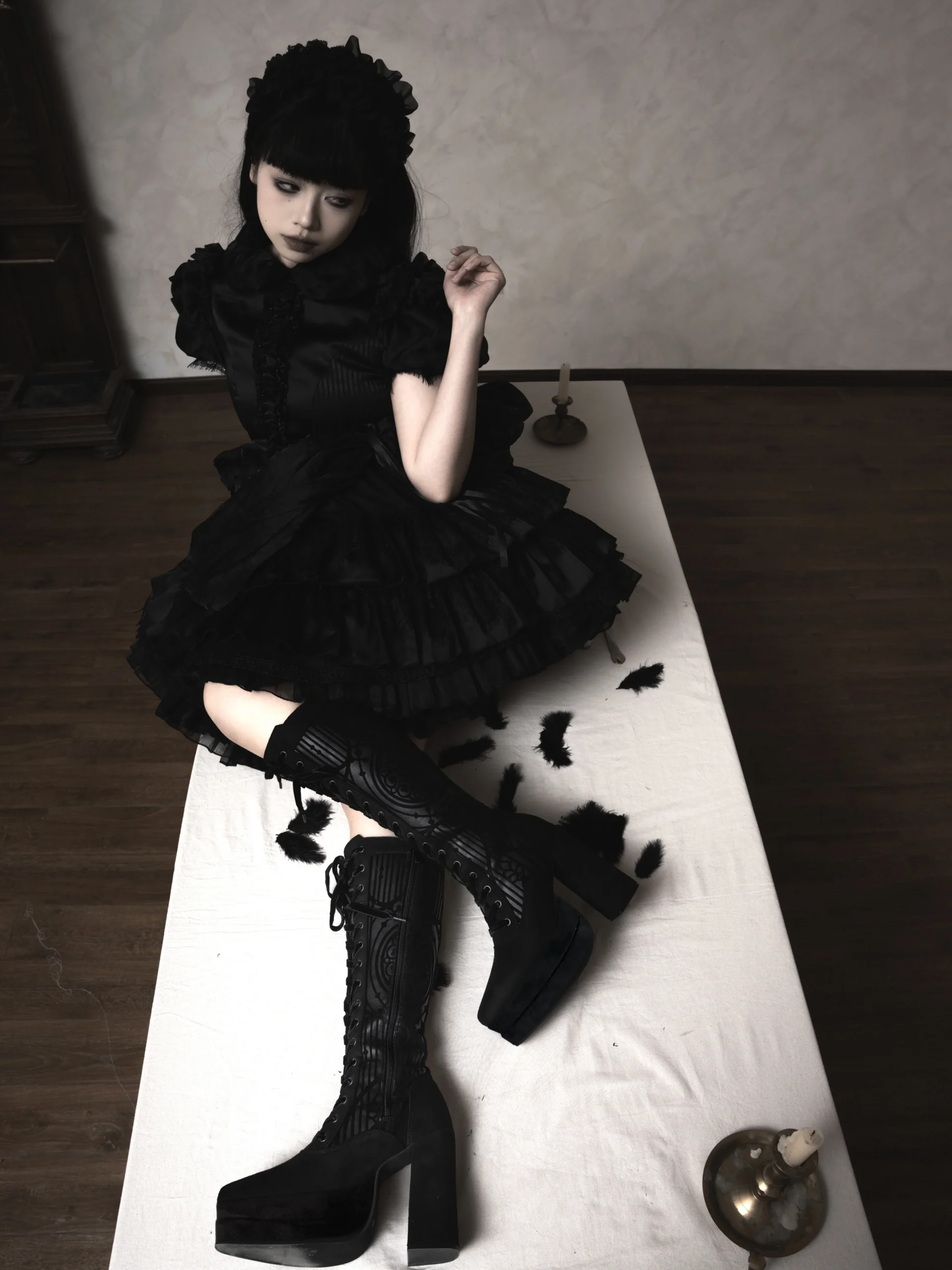 Lacy Bones Gothic Cathedral Pattern Knee-High Boots – Dark Subculture Platform High Heel Lace-Up Boots