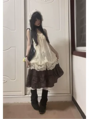 Vintage Mori Girl Layered Outfit Set – Lace Camisole Top, Cardigan & Polka Dot Tiered Midi Skirt