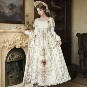 Sacred Coronation Elegant Rococo Lolita OP Dress Set – Vintage Court Baroque One-Piece Dress & Cape Shawl Set