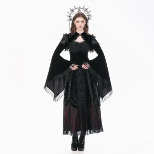 DARK IN LOVE BW172 Gothic Velvet Cutout Shrug Capelet – Vintage Lace Mesh Ruffled Flare Sleeve Bolero