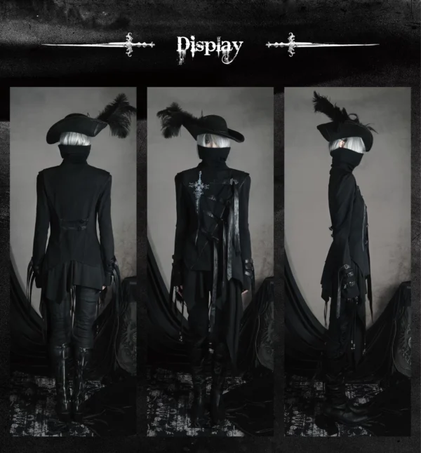 CroixDragon Gothic Sword Print High Collar Buckled Top – Darkwear Asymmetric Strapped Tunic Jacket for Unisex