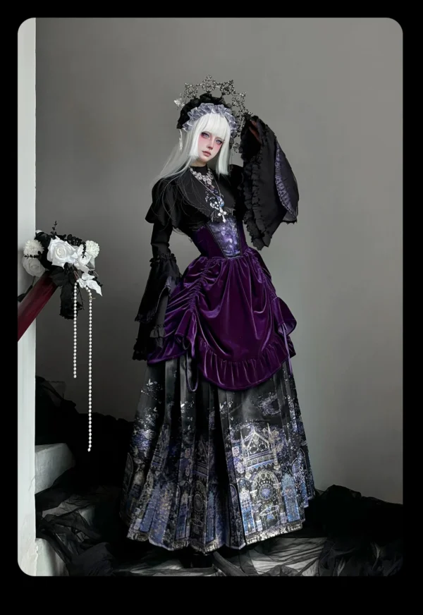 O1CN01Ko2V8u1WN0BS5x1zf_!!2210441602775 Gothic Cathedral Stained Glass Hanfu Fusion Pleated Horse-Face Skirt Set – Vintage Dark Velvet Corset Overskirt Outerwear Ensemble